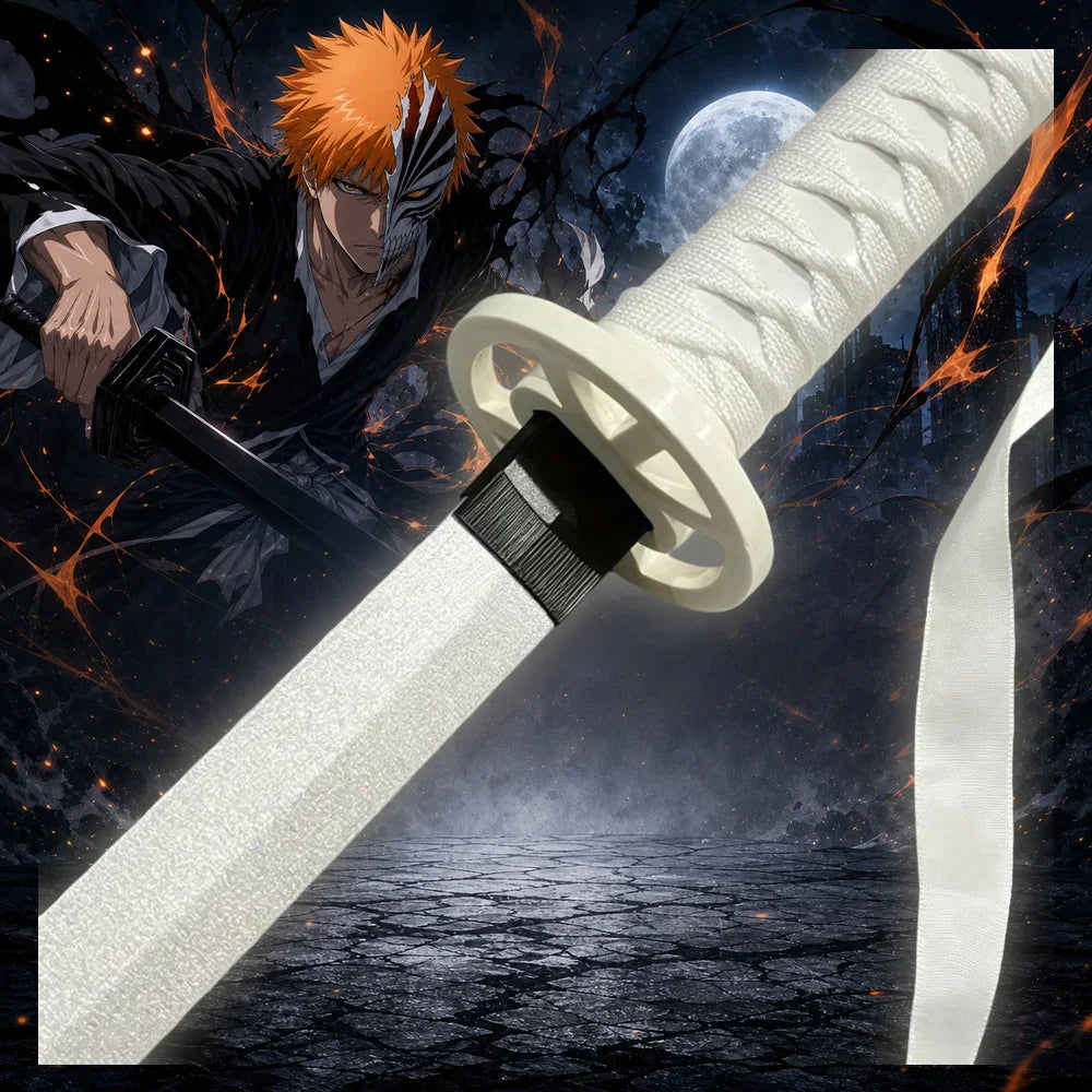 Close-up of white katana sword handle with white ribbon
