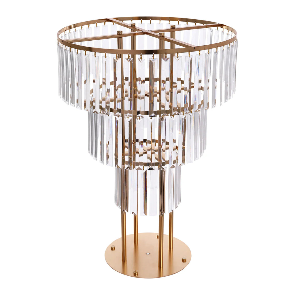 Three-tier gold metal stand with hanging crystal prisms for floral centerpieces.