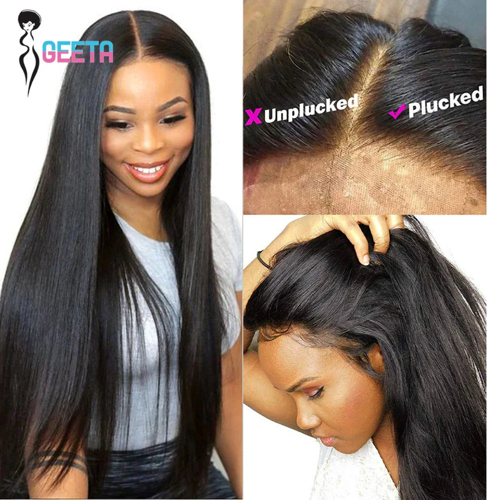 Long straight human hair lace wig showing plucking comparison