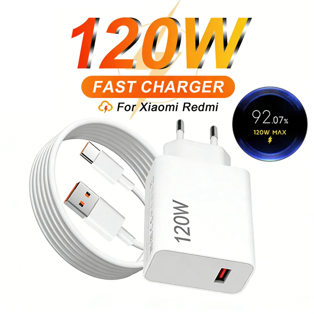 White 120W fast wall charger and USB-C cable for smartphones