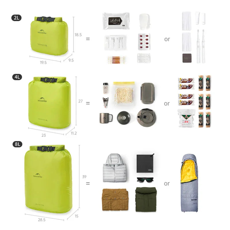 Size guide for 2L, 4L, and 8L waterproof dry bags showing internal capacity and dimensions