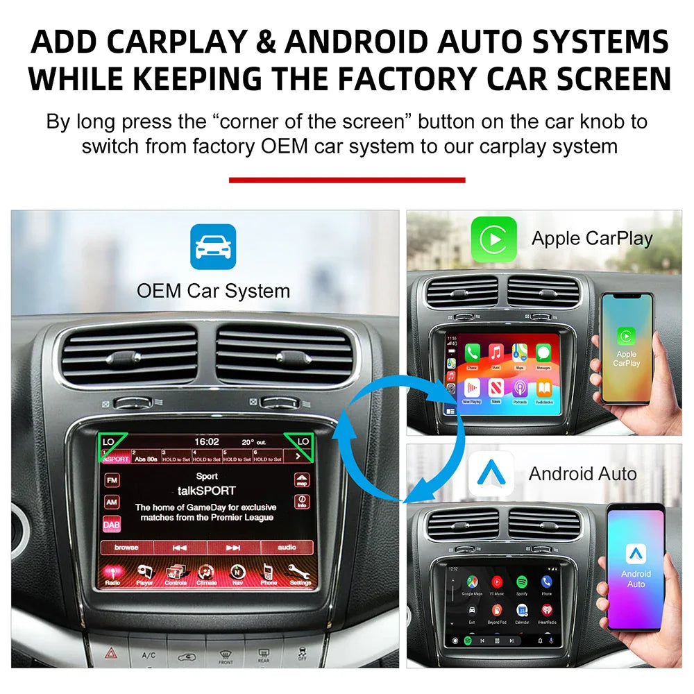Car dashboard showing factory system interface and upgraded CarPlay Android Auto display