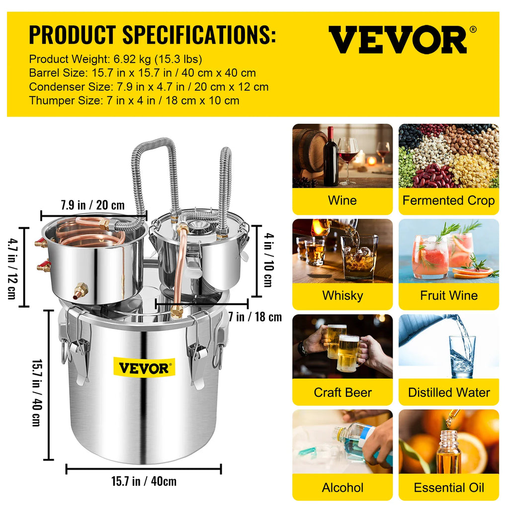Product specifications and dimensions for 50L stainless steel alcohol distiller with beverage application examples.