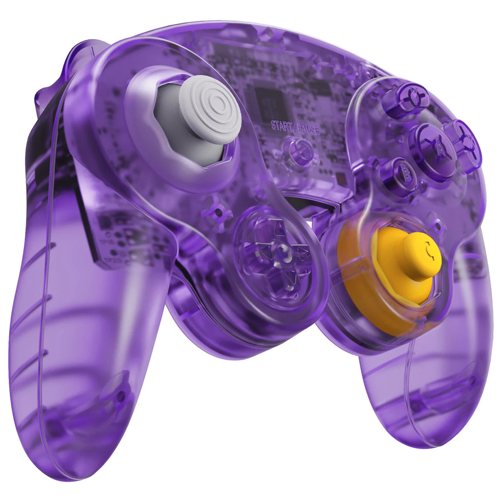 Transparent purple gaming controller replacement shell viewed from the front at an angle.