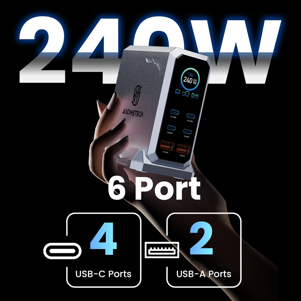 A person's hand holding a 6-port desktop charger