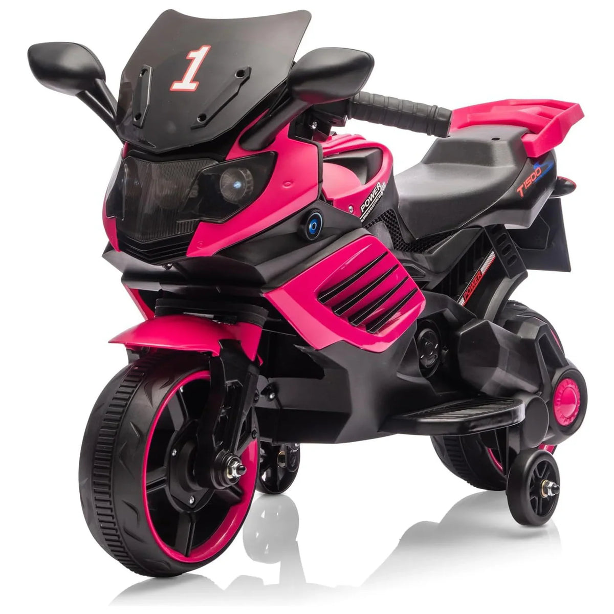 Pink and black electric motorcycle ride-on toy with training wheels for children