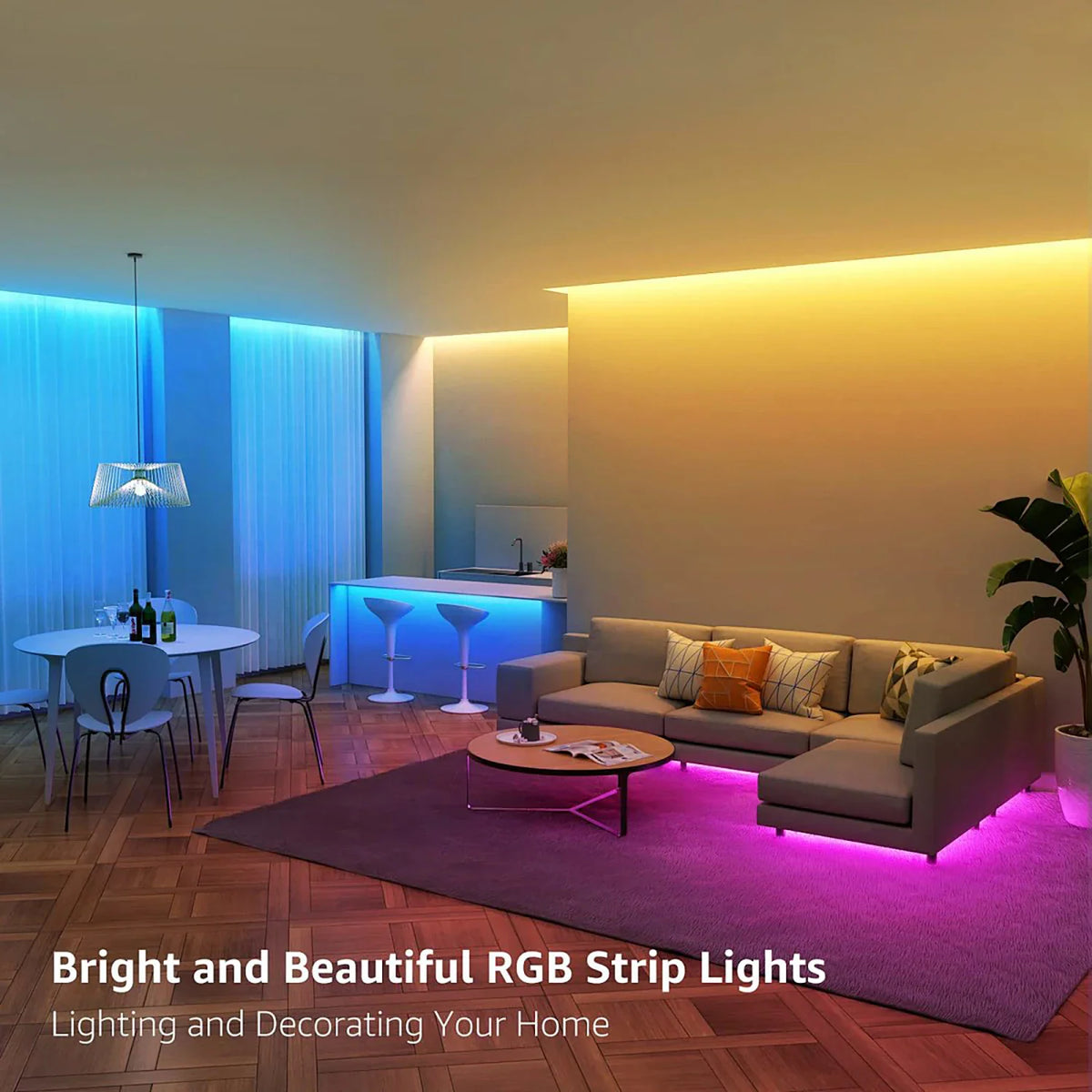 A modern living room featuring warm golden and cool blue LED strip light accents under furniture and ceiling coves.