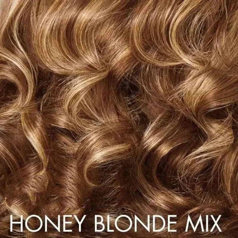 Close-up texture of wavy honey blonde mix human hair wig