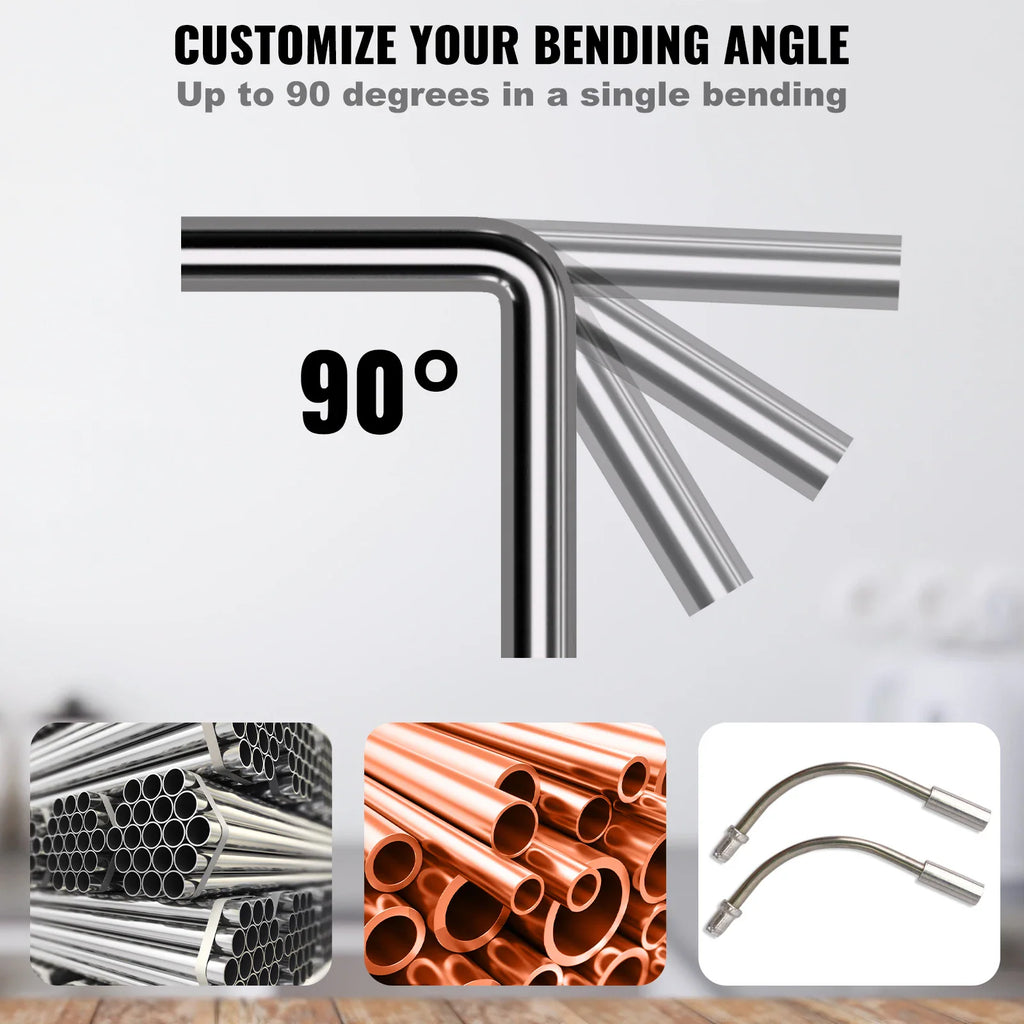 Manual pipe bender demonstrating 90-degree angle capacity with various types of metal pipes