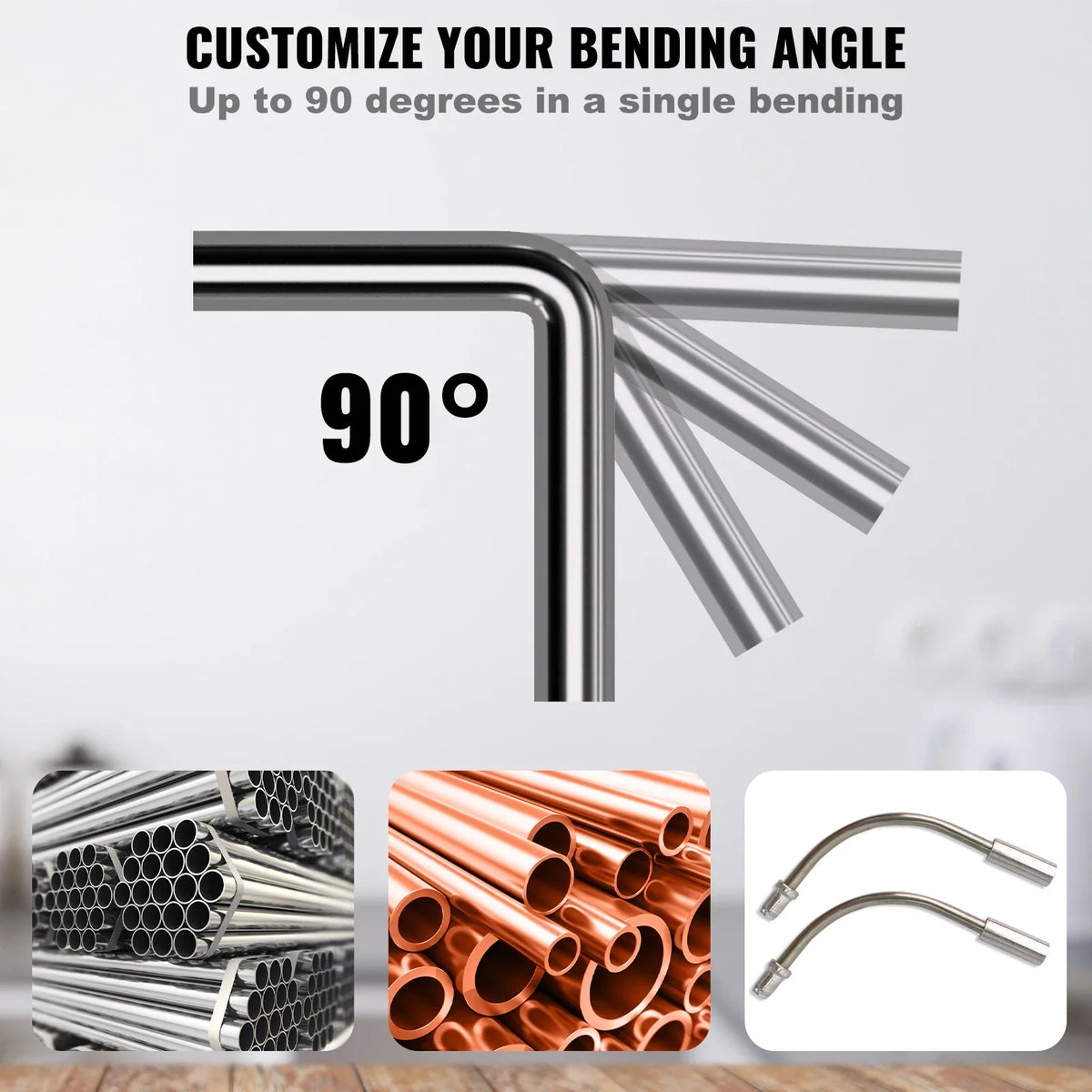 Manual pipe bender demonstrating 90-degree angle capacity with various types of metal pipes