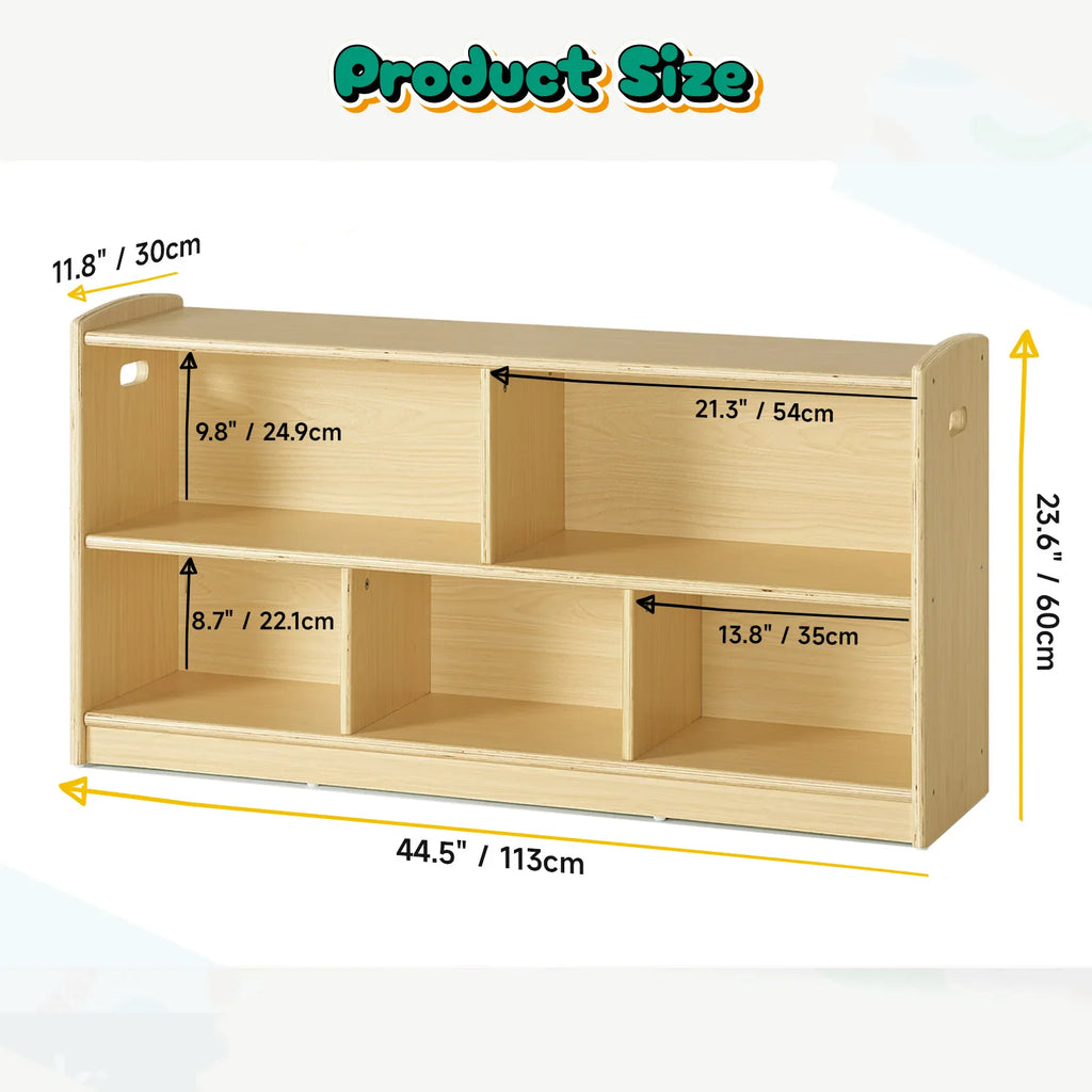 2-tier oak-colored wooden Montessori cabinet for kids' toy and book storage – view 2