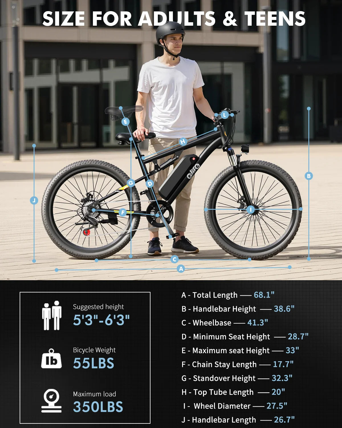 Electric bike with a sizing chart and measurement diagram for adults and teens