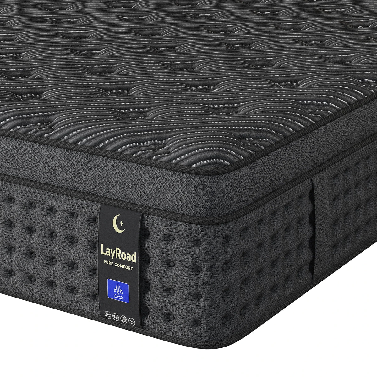 A close-up of a charcoal-grey hybrid mattress with a textured quilted top and dark side panels.