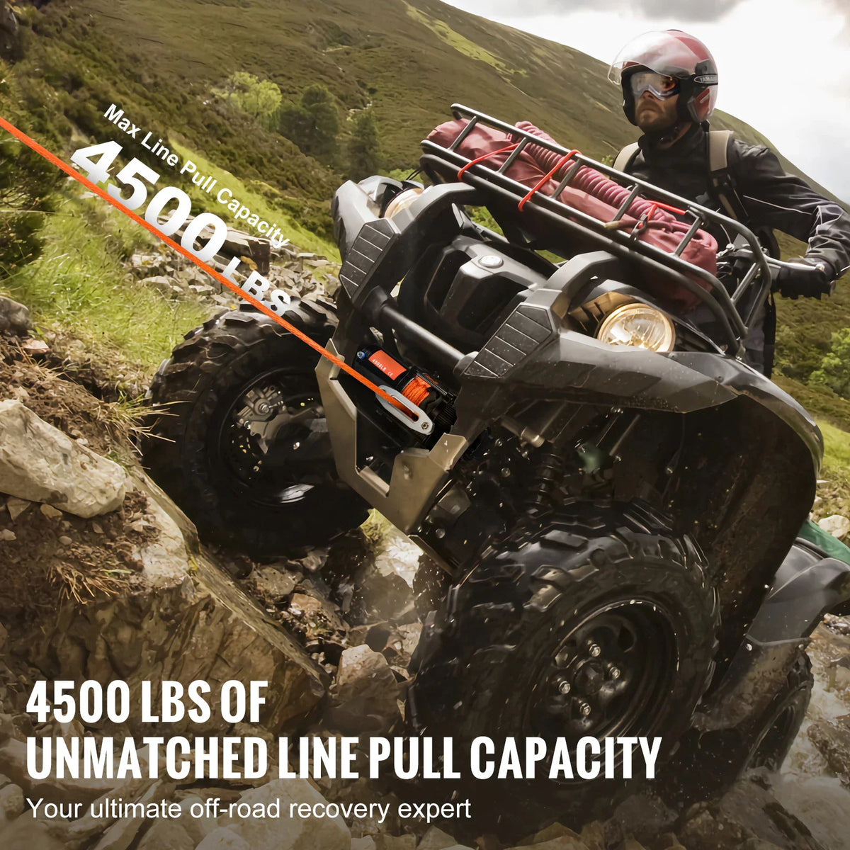 ATV on a rocky hill using an electric winch for recovery
