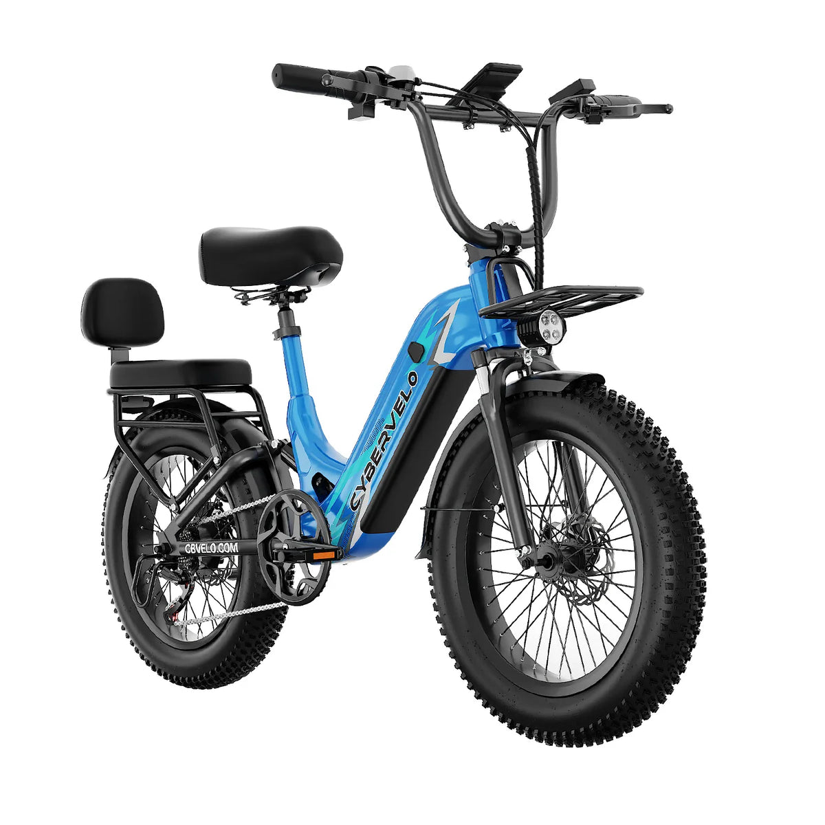Blue electric bike with fat tires and rear rack