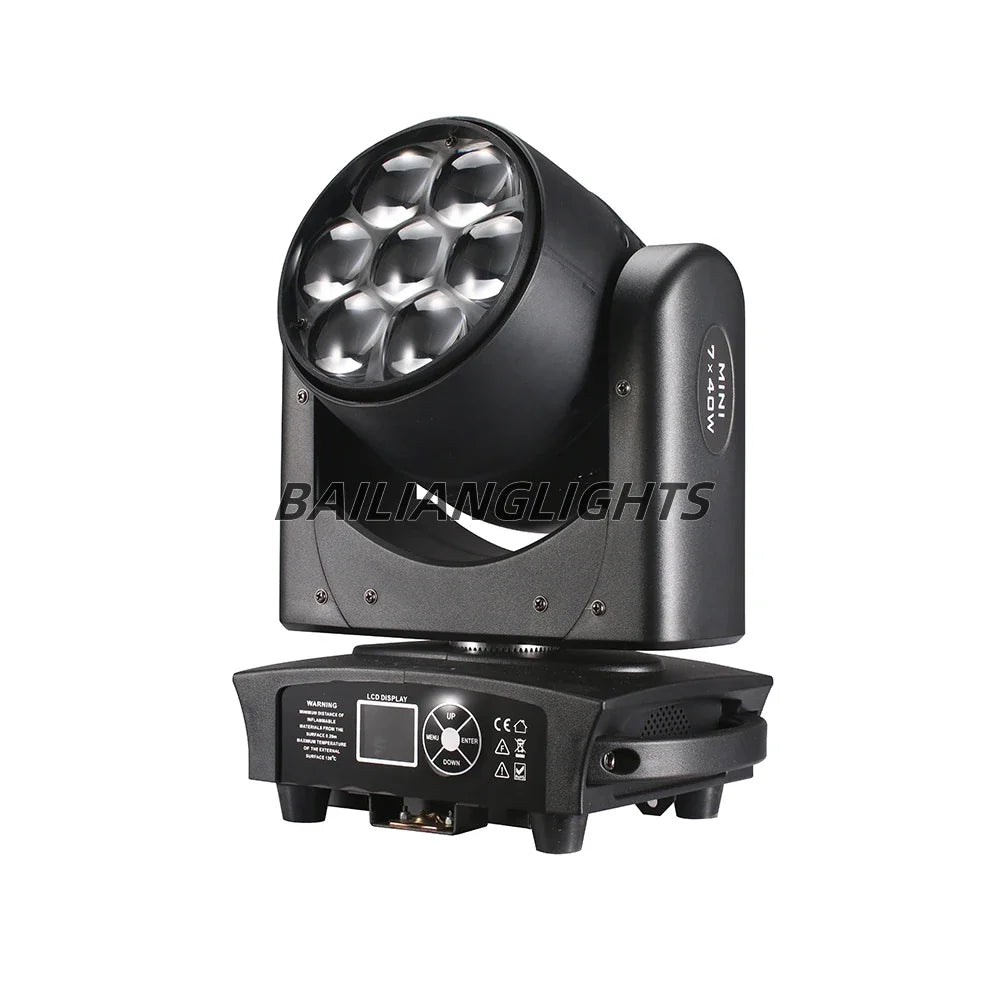 Front view of a 7x40W RGBW moving head stage light with LED optics