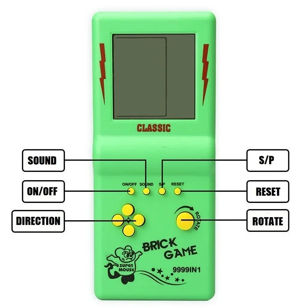 Green handheld brick game console with button labels