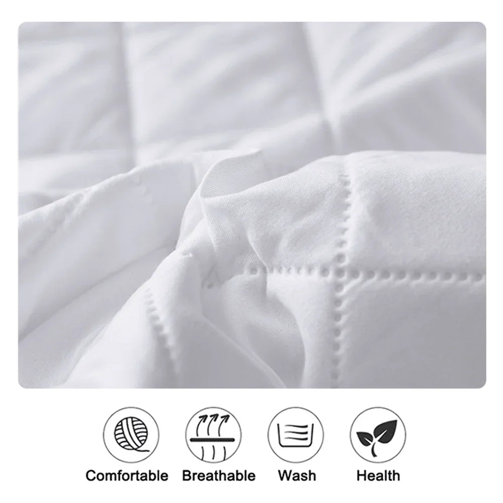 Close-up of a white quilted mattress protector fabric with icons for comfort, breathability, washing and health