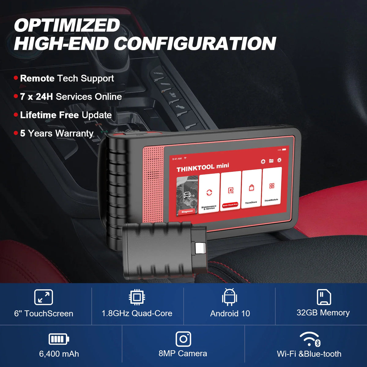 Automotive diagnostic scanner technical specifications and high-end configuration features.