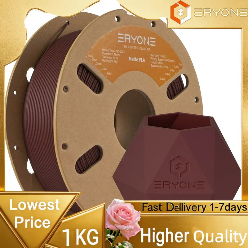 Brown matte PLA 3D printer filament spool with a printed geometric vase.