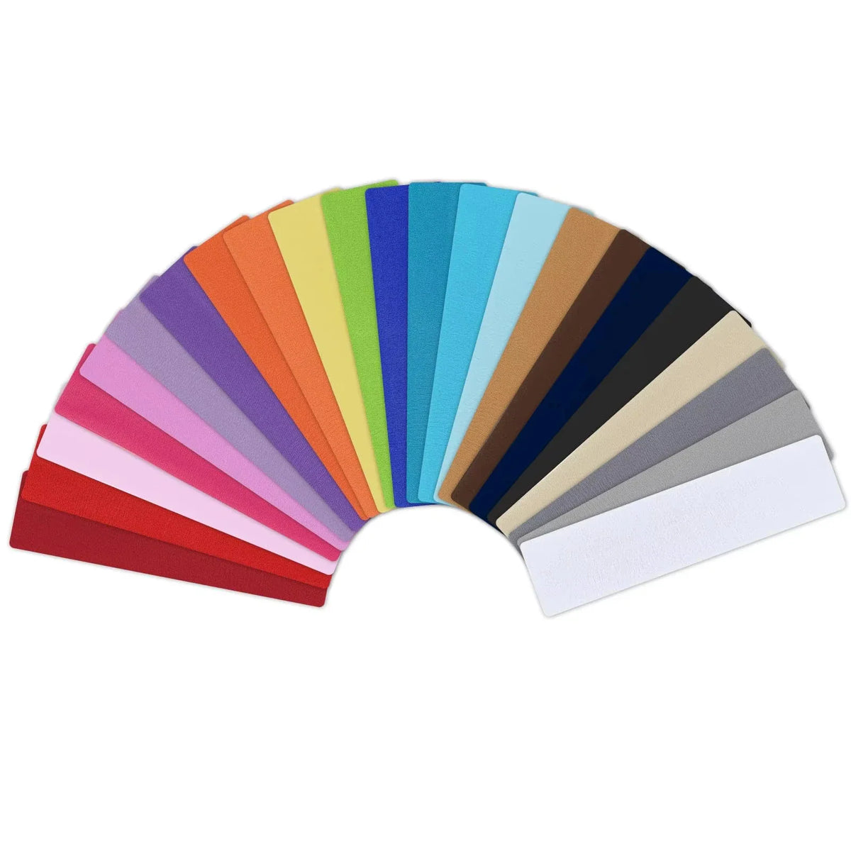 A set of multi-colored flat fabric headbands displayed in a fan shape.