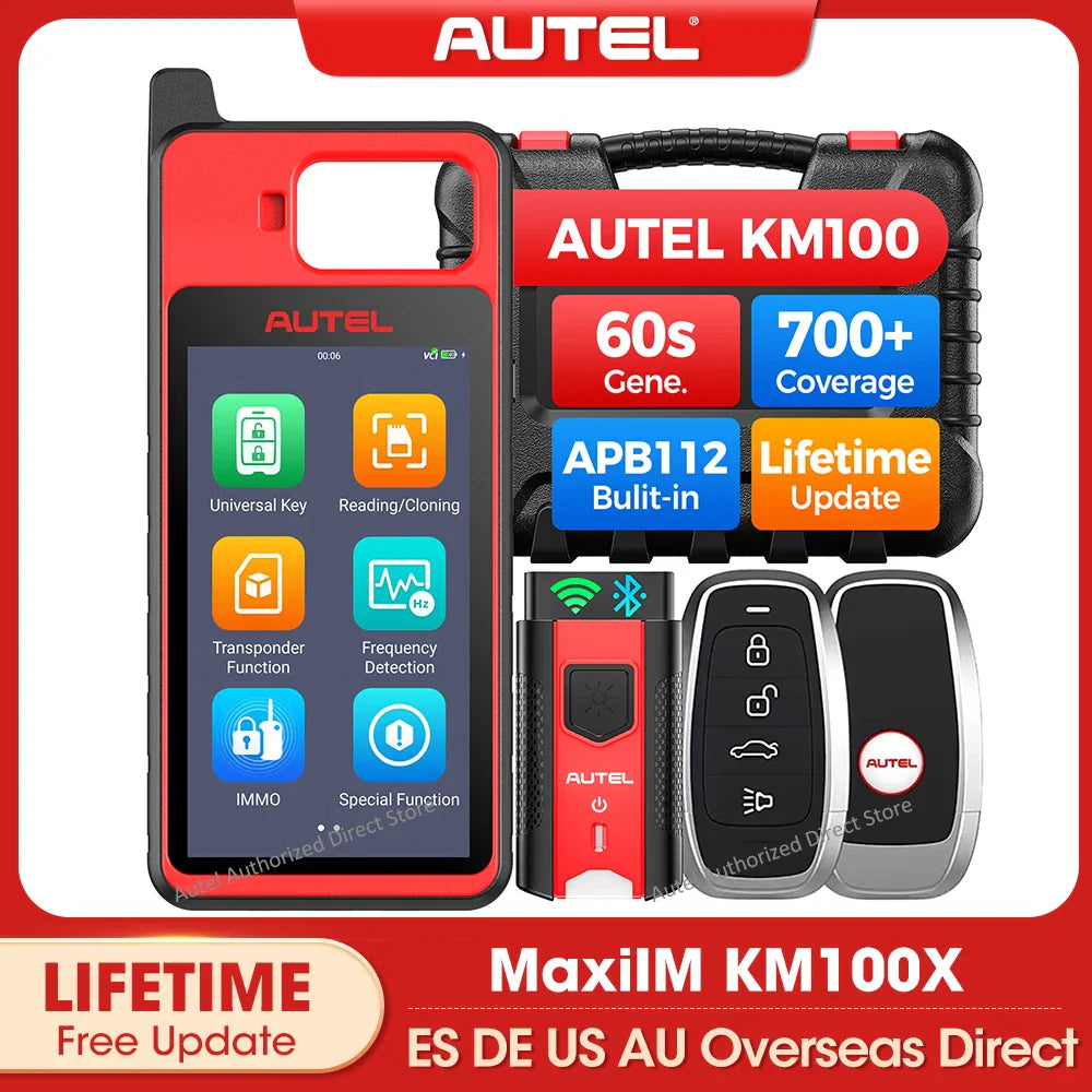 Handheld key programming tool with screen, protective case, and car key fobs.