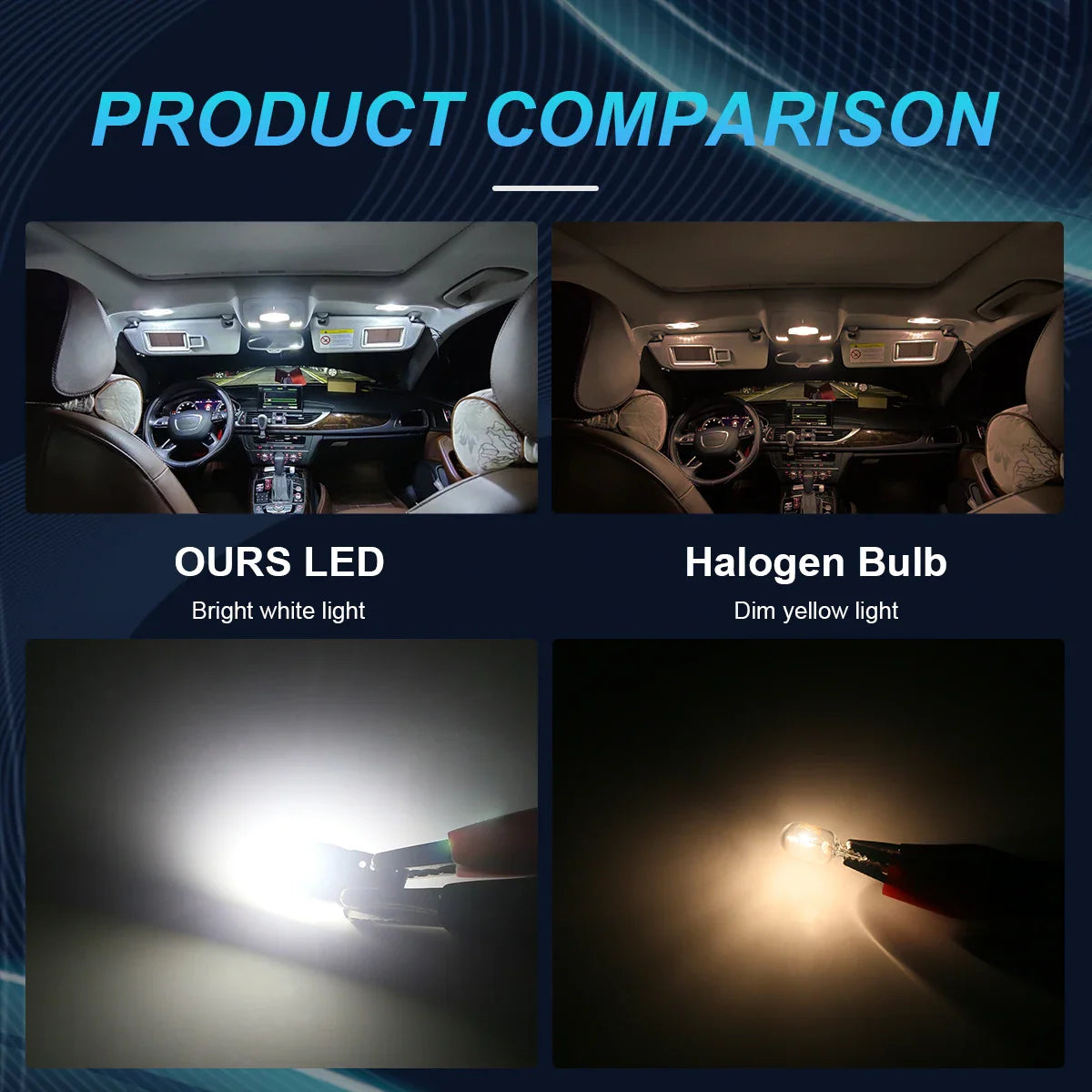 Comparison of LED car interior light versus traditional halogen bulb