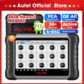 Handheld automotive diagnostic tablet scanner with touch screen interface showing various car brand logos.