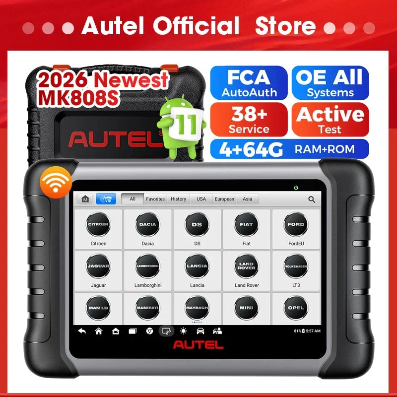 Handheld automotive diagnostic tablet scanner with touch screen interface showing various car brand logos.