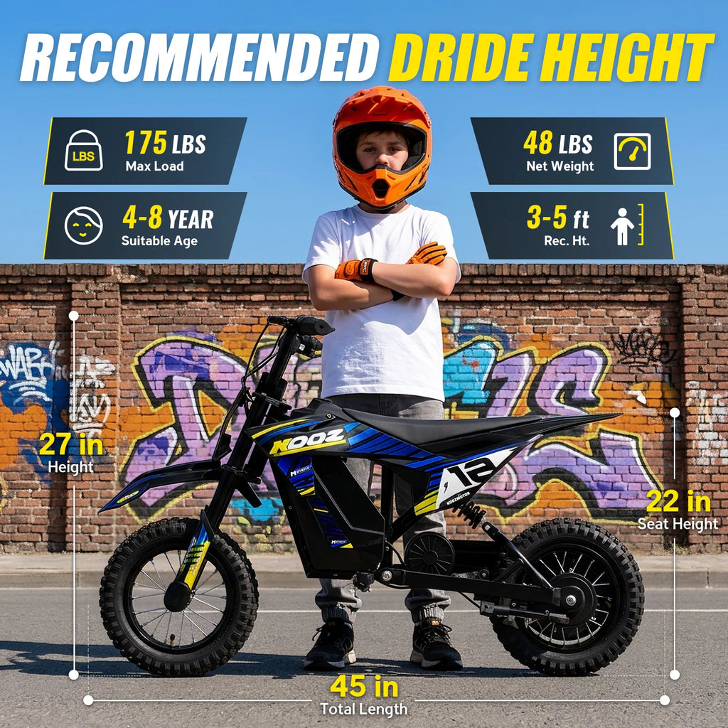 A young boy standing next to his electric dirt bike with size and weight specifications listed around him.