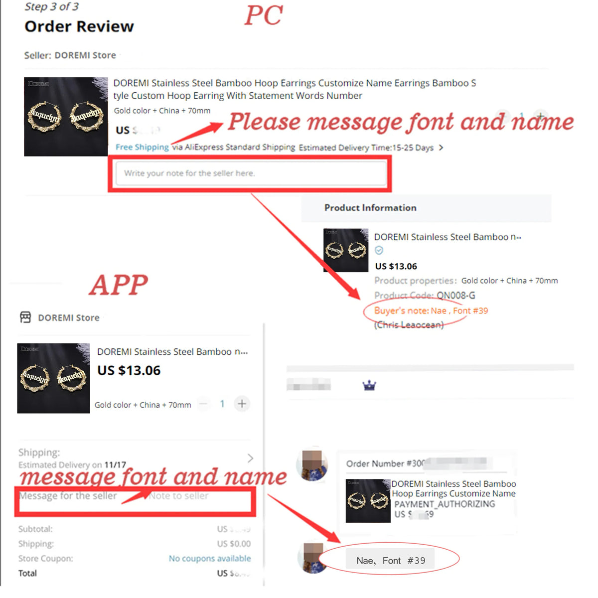 Instruction screen for ordering personalized jewelry with text overlay