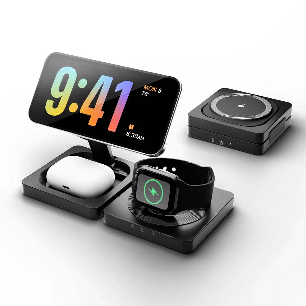 3-in-1 magnetic wireless charging station for phone, earbuds and smartwatch in black