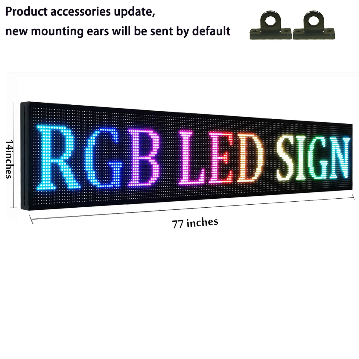 A wide black rectangular programmable LED sign on a white background with mounting hardware