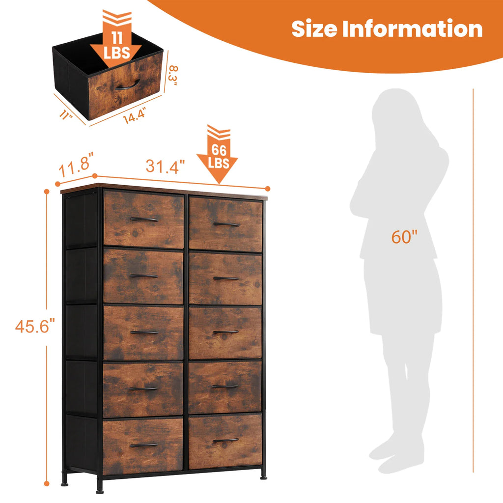 Diagram showing the dimensions and weight capacity of a 10-drawer rustic wood storage cabinet.