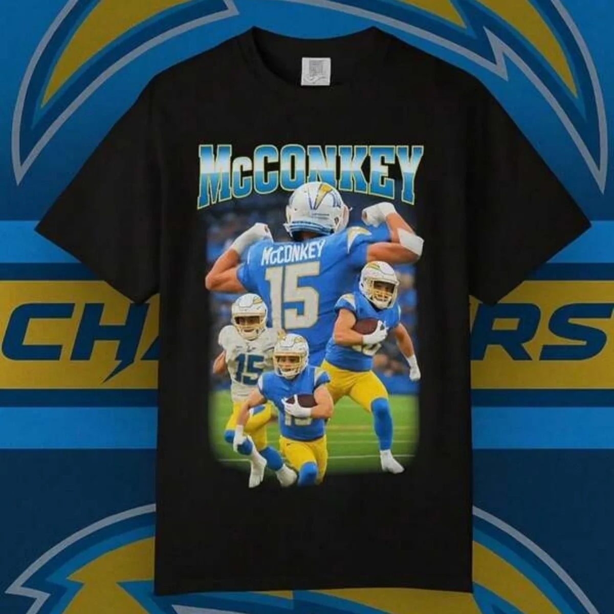Black cotton unisex crew neck t-shirt featuring a retro-style collage graphic print of a football player in a blue uniform