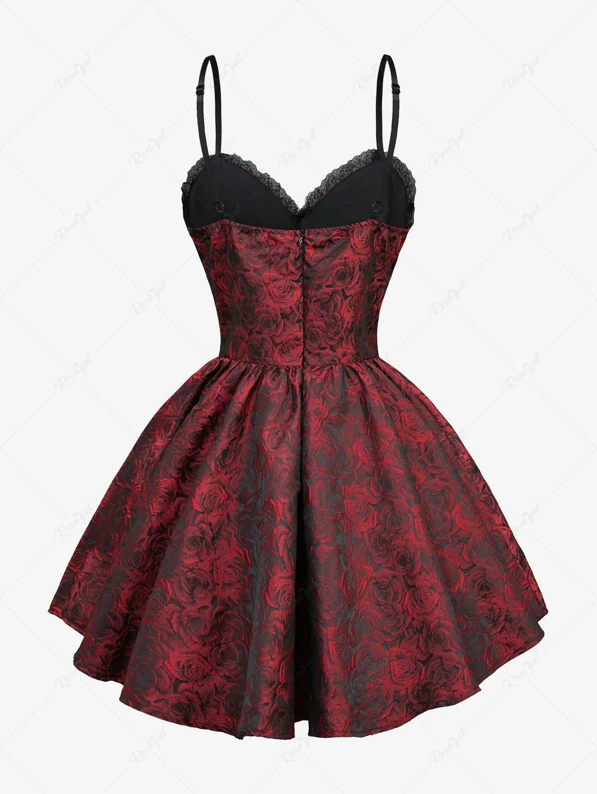 Back view of a black and red rose print gothic mini dress with spaghetti straps and a flared skirt