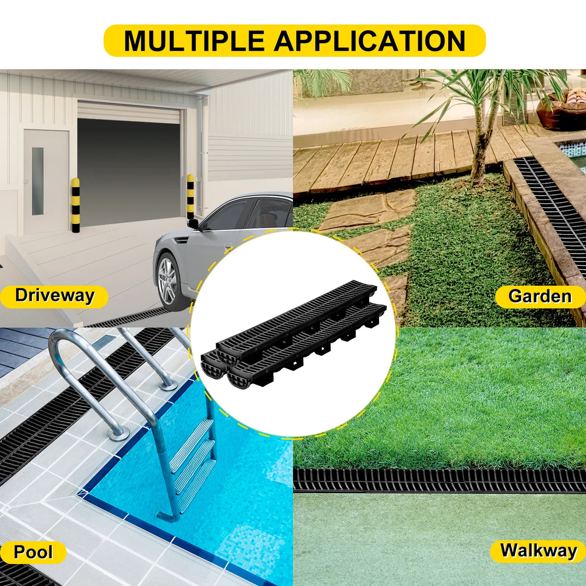Trench drainage system installed in driveway, garden, pool area and walkway