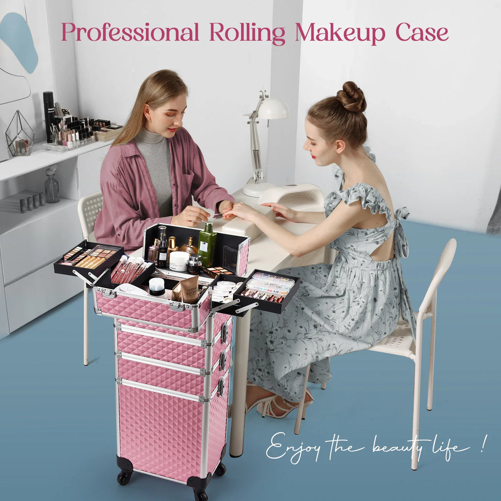 Professional rolling pink makeup case being used for a manicure
