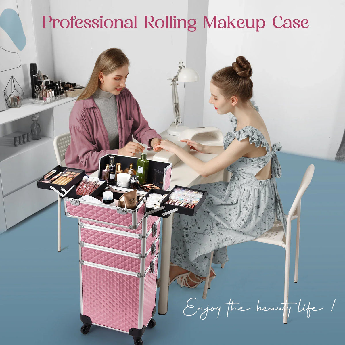 Professional rolling pink makeup case being used for a manicure