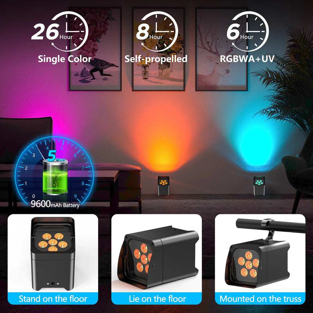 LED stage lighting showing battery life, operation time options, and different mounting methods including floor and truss