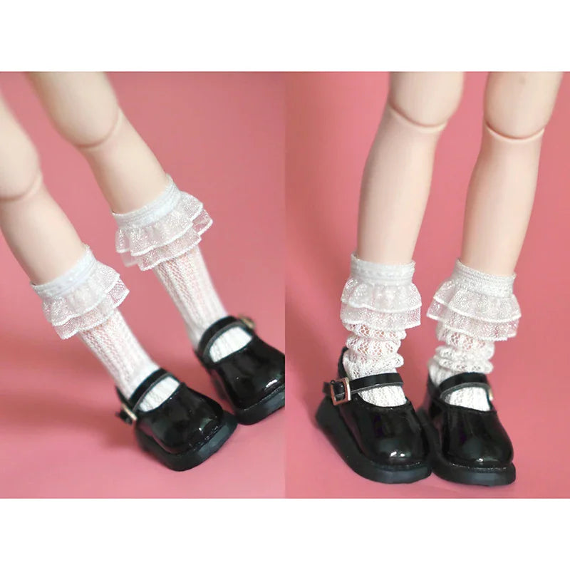 White lace trim knee-high socks for 1/6 scale dolls worn with black Mary Jane shoes