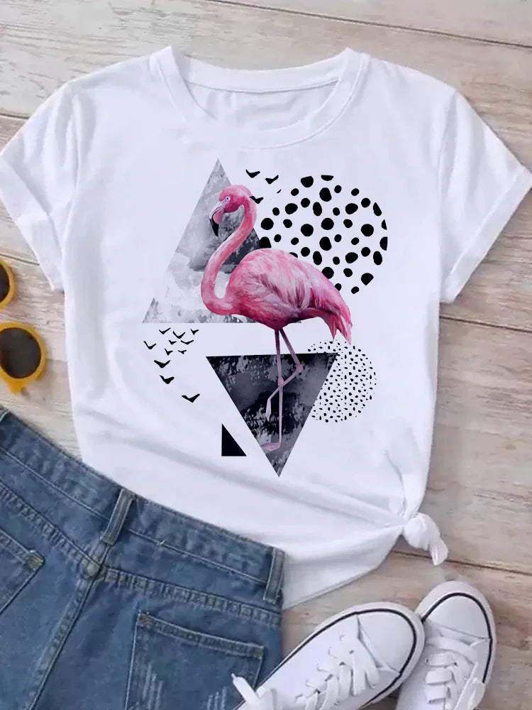 White short-sleeve t-shirt with a pink flamingo and geometric pattern graphic print