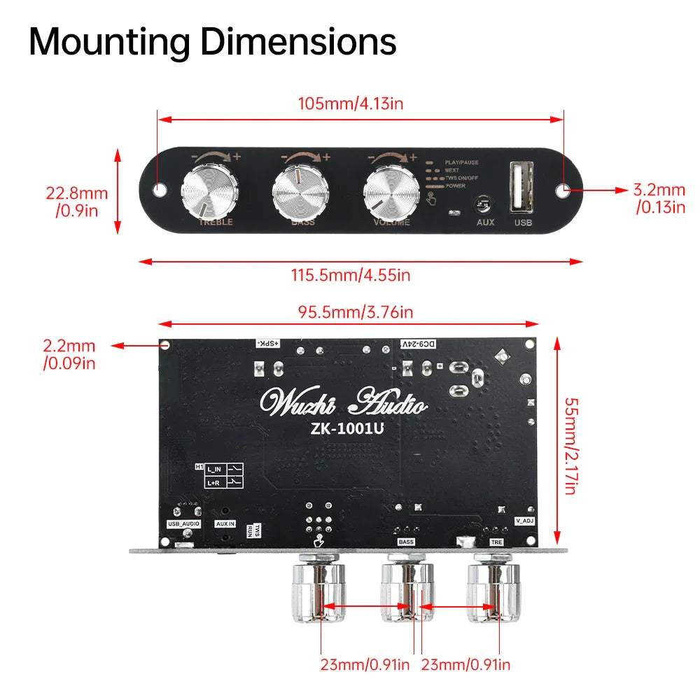 Technical drawing showing mounting dimensions and hole spacing for the mono amplifier board control panel.