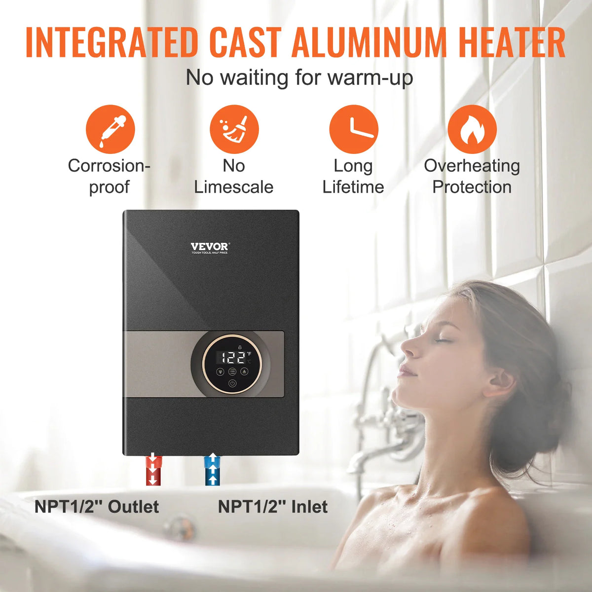 Electric tankless water heater with key features infographic showing heater internals and user in bathtub
