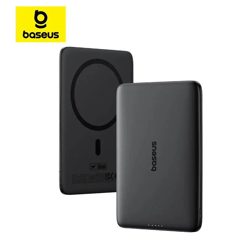 A black magnetic portable power bank shown from both front and back sides.