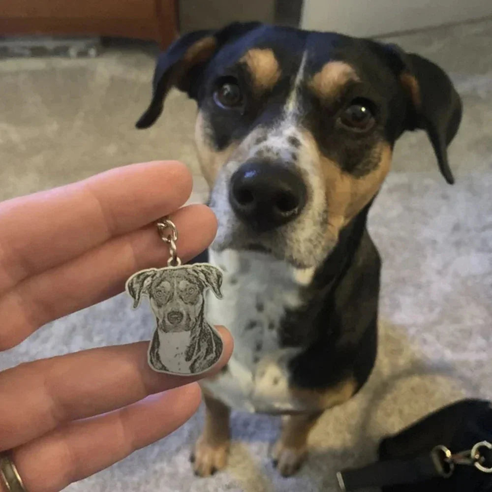 Small custom engraved dog portrait keychain pendant