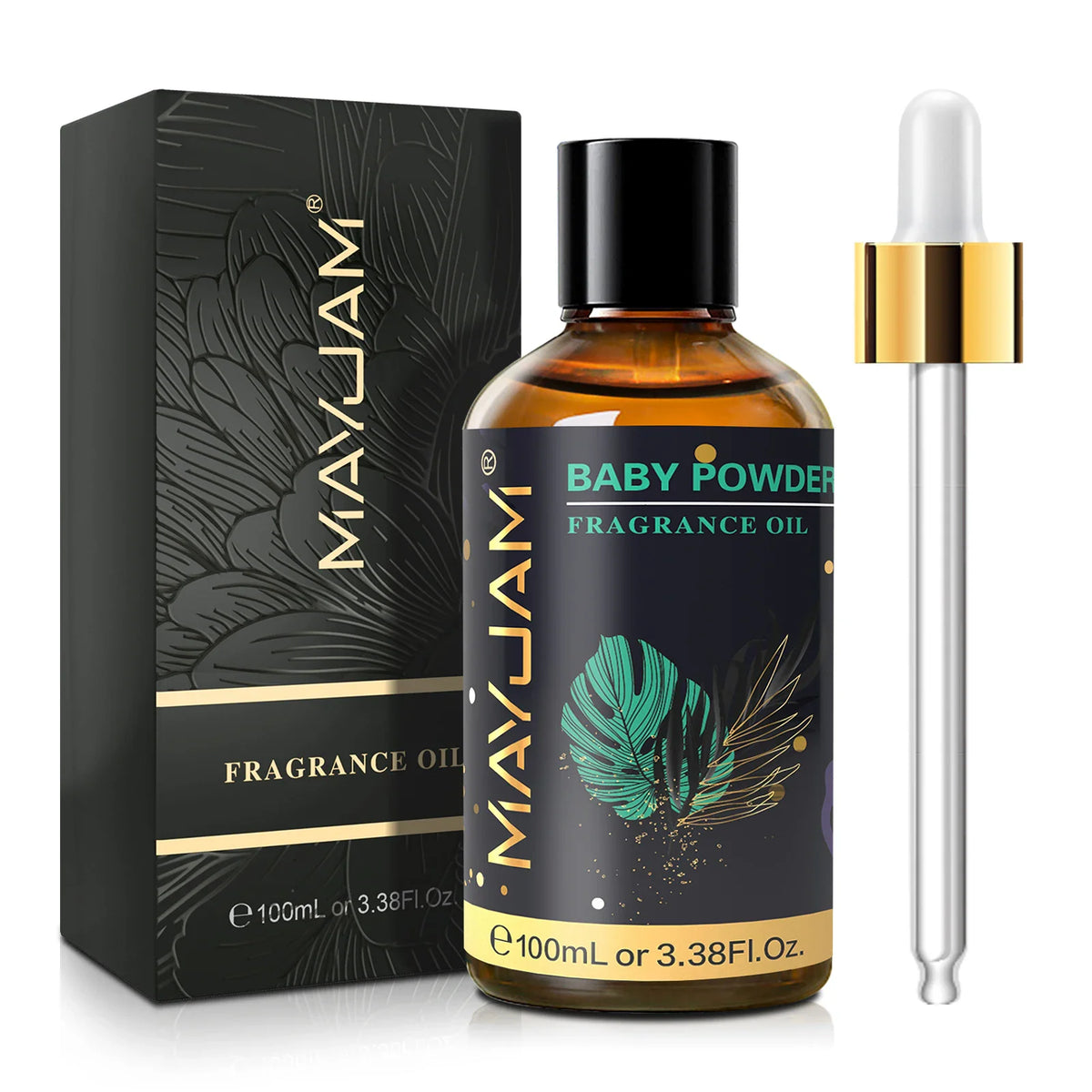 A bottle of Baby Powder fragrance oil next to its box and a dropper.
