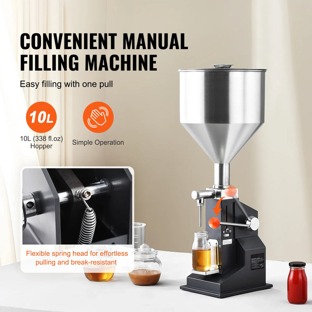 Manual 10L hopper liquid filling machine with close-up of internal spring mechanism