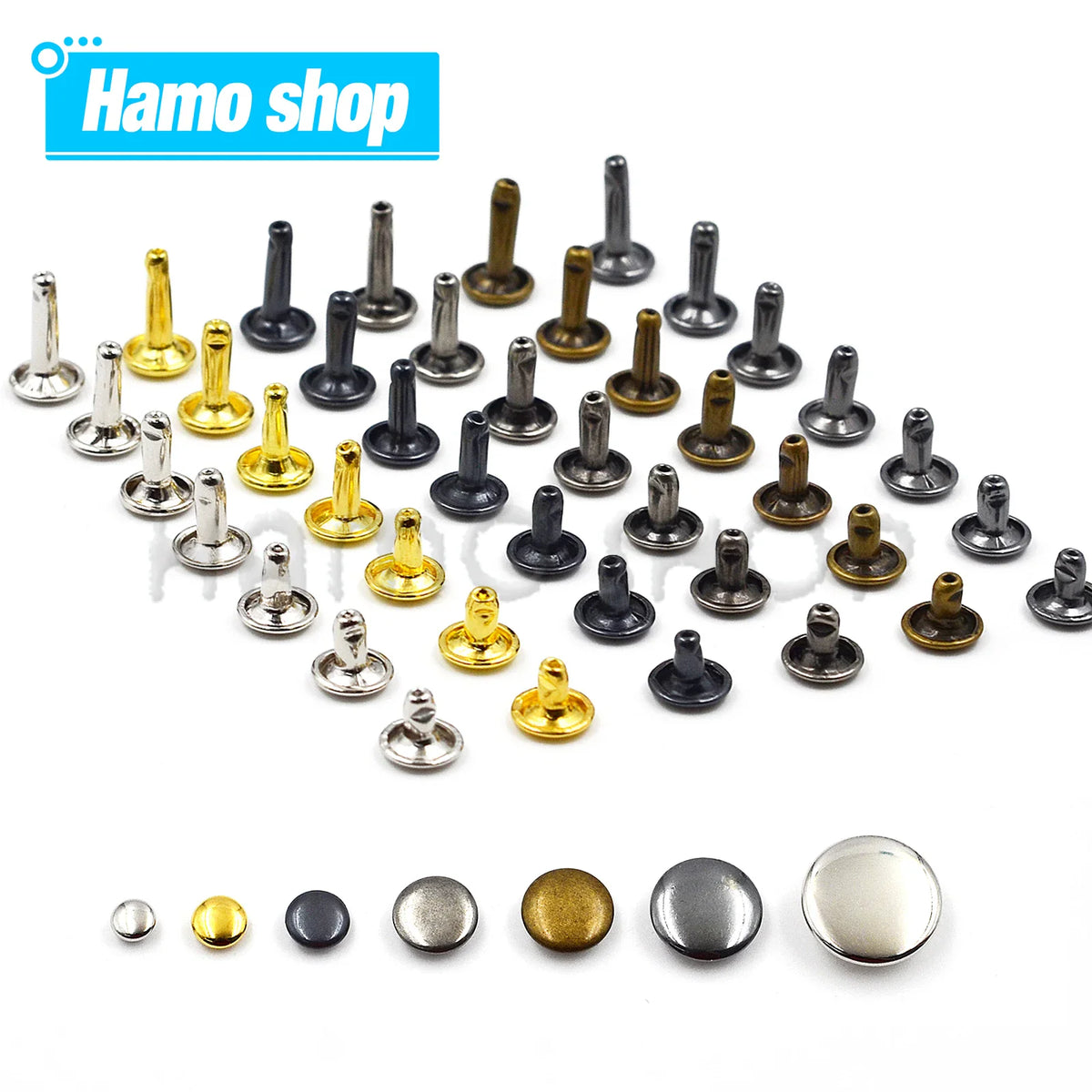 A variety of metal double cap rivets in different colors and sizes for leathercraft