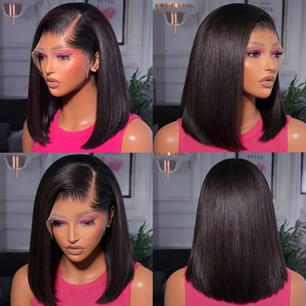 Four views of a mannequin wearing a straight black bob lace frontal wig, showing front and back angles.